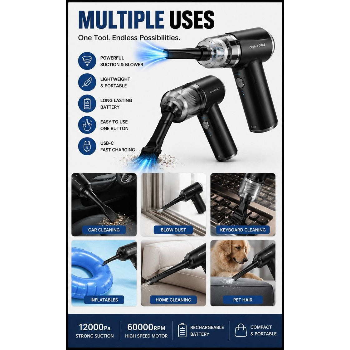 Smart Portable Vacuum Cleaner & Air Blower – Powerful Cordless 2-in-1 Cleaning Solution