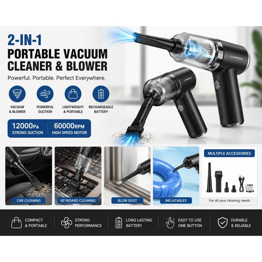 Smart Portable Vacuum Cleaner & Air Blower – Powerful Cordless 2-in-1 Cleaning Solution